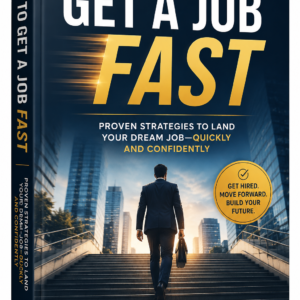 3D ebook cover titled “How To Get A Job Fast” featuring a professional businessman walking up city stairs with bold gold and white typography, modern corporate background, and motivational career success design.